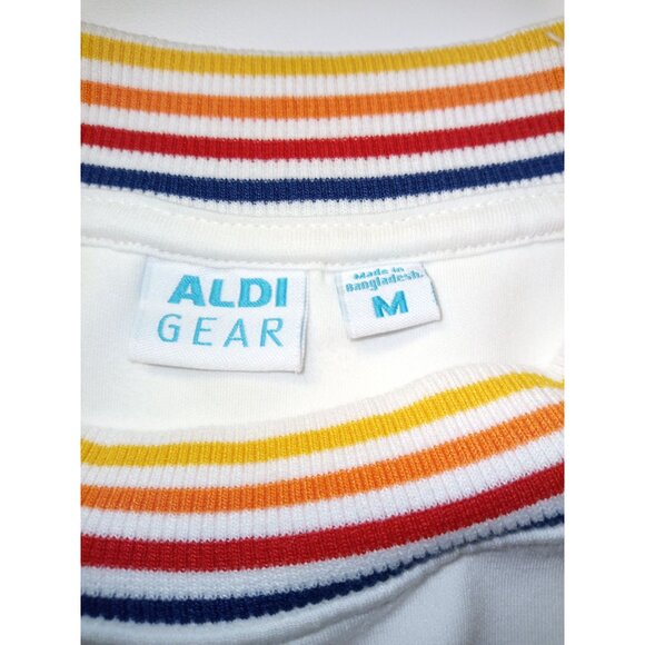 Aldi Gear Cream Sweatshirt Crewneck Rainbow Cuff and Collar Size Medium - Picture 7 of 8